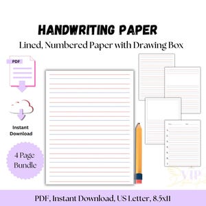 Handwriting Paper Printable, Homeschool Handwriting Pratice Sheet for Kids,Children, Lined Pages With Drawing Box, Instand Download, PDF