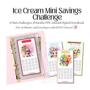 May include: A set of four Ice Cream Mini Savings Challenge printable cards featuring colorful illustrations of ice cream treats, numbered circles for tracking savings, and text including "More Toppings For Everyone" and "PPP Digital Prints".