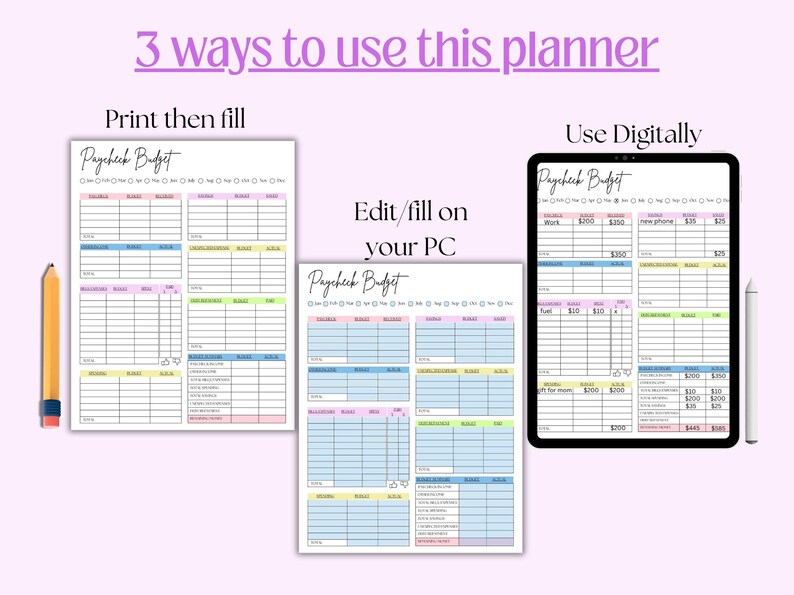 Puede incluir: Una plantilla de planificador de presupuesto de n&oacute;mina en tres formatos: una hoja impresa con un l&aacute;piz amarillo, una versi&oacute;n digital en una tableta con un l&aacute;piz &oacute;ptico y un archivo editable en PC. El dise&ntilde;o incluye tablas para ingresos y gastos.
