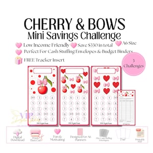 Cherry&Bows Mini Savings Challenge, A6 Cash Stuffing Printables, Savings Tracker Budget Binder Envelope Insert, Instant Digital Download,PDF