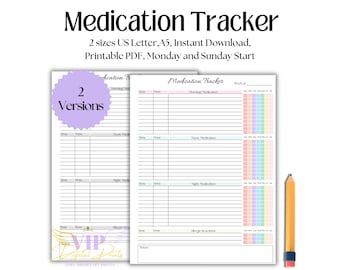 Registro de medicamentos imprimible, registro diario de medicamentos, registro de medicamentos y suplementos, registro de alergias, A5, Carta, PDF, descarga digital