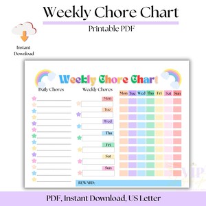 Chore Chart for Kids Printable, Weekly Responsibility Chart, Weekly Chore Chart, Responsibility Chart, Daily Checklist for Kids, PDF