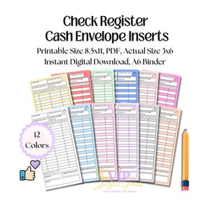 Check Register Insert Printable, Multi-Color Cash Stuffing Envelope Inserts Set, Sinking Funds, Budget, Expense and Savings Tracker, PDF, A6