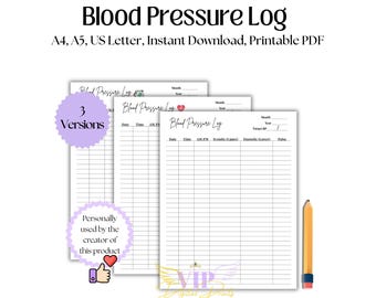 Registro de presión arterial imprimible, tabla diaria de presión arterial, registro de presión arterial alta e baja, tamaño carta, A4, A5, PDF, descarga instantánea.