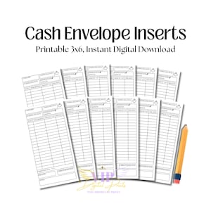 May include: A collection of white cash envelope inserts with a grid layout for tracking expenses. The inserts are labeled with categories and fields for recording amounts and balances. A yellow pencil with a red eraser rests on the right side. Text reads "Cash Envelope Inserts".
