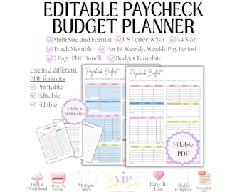 May include: An editable paycheck budget planner in a 5-page PDF bundle. Includes US Letter 8.5x11 and A4 sizes, printable and fillable formats, monthly tracking, and 3 bonus templates. Features tables for income, expenses, and savings tracking.