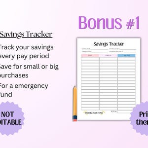 Puede incluir: Un documento de seguimiento de ahorros imprimible con un l&aacute;piz amarillo. El documento presenta una tabla con columnas para fecha, cantidad y saldo, etiquetada con el texto Savings Tracker, Congratulations y campos para metas de ahorro.