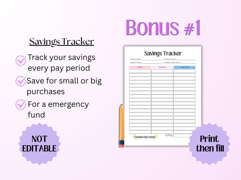 Puede incluir: Un documento de seguimiento de ahorros imprimible con un l&aacute;piz amarillo. El documento presenta una tabla con columnas para fecha, cantidad y saldo, etiquetada con el texto Savings Tracker, Congratulations y campos para metas de ahorro.