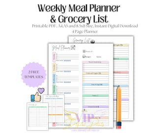 Planificador de comidas semanal, lista de la compra, digital e imprimible, planificador de comidas editable, preparación de comidas para 7 días, tamaño A4/A5/carta, PDF, descarga instantánea