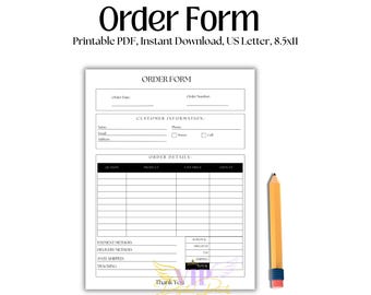 Plantilla de formulario de pedido imprimible, formulario de pedido para empresas de artesanía, formulario para pequeñas empresas, descarga instantánea, tamaño carta (EE. UU.) 8,5 x 11, PDF