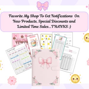 Puede incluir: Una carpeta rosa claro con un lazo central y esquinas florales, rodeada de varios insertos de planificador presupuestario. El texto dice: Favorite My Shop To Get Notifications On New Products, Special Discounts and Limited Time Sales...THANKS :)