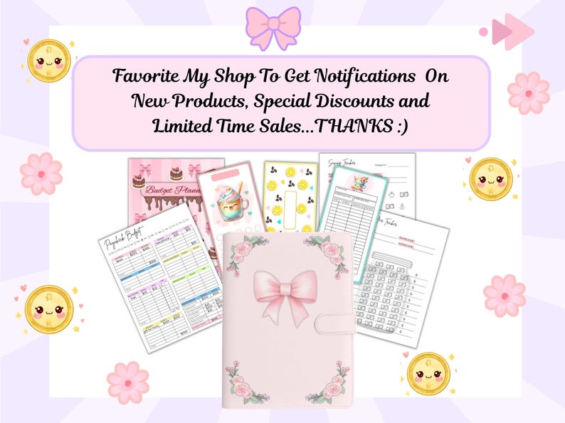 Puede incluir: Una carpeta rosa claro con un lazo central y esquinas florales, rodeada de varios insertos de planificador presupuestario. El texto dice: Favorite My Shop To Get Notifications On New Products, Special Discounts and Limited Time Sales...THANKS :)