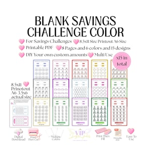 May include: A collection of printable savings challenge trackers featuring 15 unique designs with various icons like flowers, strawberries, stars, hearts, and jars. The text includes BLANK SAVINGS CHALLENGE COLOR, 8.5x11 Size Printout, and A6-3.5x6 actual size.