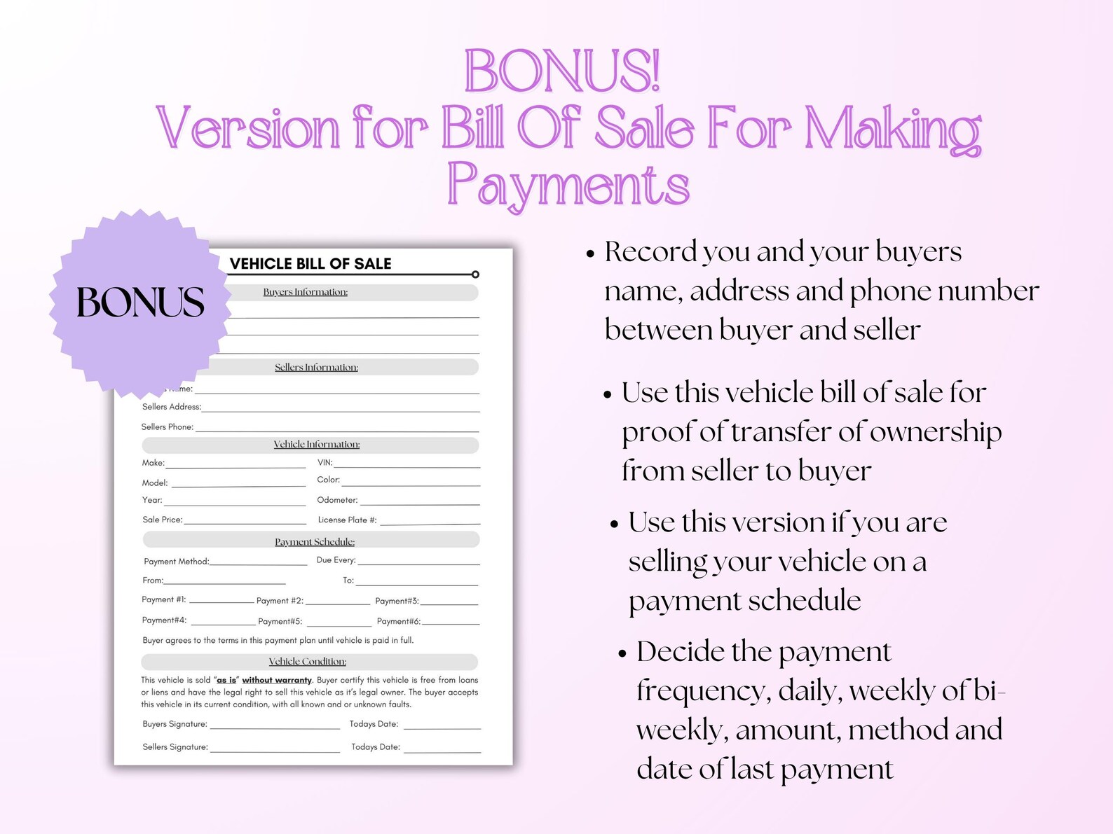Vehicle Bill of Sale Printable Form, Car, RV, Truck and Motorcycle ...