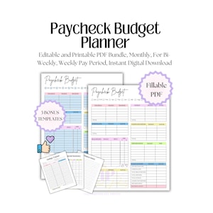 Può includere: Un pacchetto di pianificatori di budget Paycheck Budget Planner con modelli PDF modificabili e stampabili. I documenti includono fogli di budget mensili, bisettimanali e settimanali con tabelle colorate, un tracker di risparmio, un riepilogo finanziario e note.