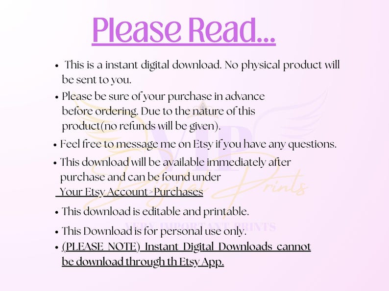 Puede incluir: Un gr&aacute;fico de informaci&oacute;n digital con el t&iacute;tulo morado Please Read... seguido de un texto con vi&ntilde;etas que explica que se trata de una descarga digital instant&aacute;nea, no se env&iacute;a ning&uacute;n producto f&iacute;sico y es uso personal.