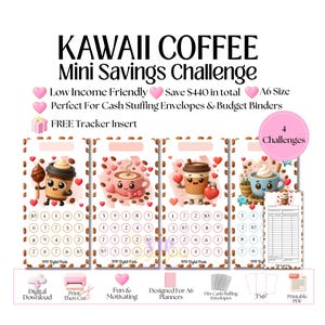 Pode incluir: Quatro cartões de desafio de poupança Kawaii Coffee tamanho A6 com chávenas de café animadas, corações e grãos de café. Cada cartão inclui círculos numerados para rastrear poupanças até um total de $440. Inclui um rastreador e texto.