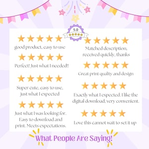 Puede incluir: Un gr&aacute;fico de rese&ntilde;as de clientes con una insignia de calificaci&oacute;n de 5.0 estrellas y ocho conjuntos de cinco estrellas doradas. El texto incluye: good product, easy to use, Matched description, received quickly, thanks, Perfect! Just what I needed!!, Great print quality and design, Super cute, easy to use, just what I expected, Exactly what I expected. I like the digital download, very convenient., Just what I was looking for. Easy to download and print. Meets expectations., Love this cannot wait to set it up, y What People Are Saying!