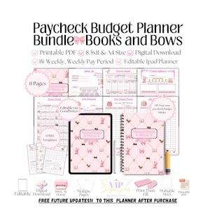 Puede incluir: Un paquete de planificador de presupuesto de nómina titulado Books and Bows, que incluye 11 páginas, 3 plantillas gratuitas y opciones editables para tamaños A4 y 8.5x11. El diseño presenta patrones rosas con lazos, libros y conejos.