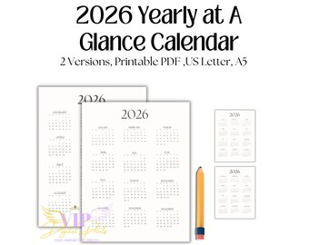 Paquete de resumen del año 2026, calendario anual imprimible, calendario anual de una sola página, calendario de diseño minimalista para pared, tamaño carta, A5