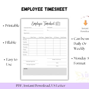 Weekly Employee Scheduling, Weekly Printable Timesheet, Weekly Timesheet, Timesheet Keeping Log, Work Schedule Tracker, PDF