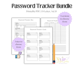 Paquete imprimible de rastreador de contraseñas, organizador de contraseñas, registro de contraseñas con tarjetas, casillas y líneas, A4, A5, carta