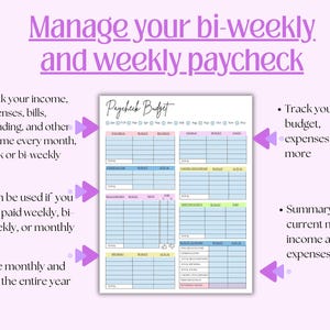 Puede incluir: Una hoja de planificaci&oacute;n presupuestaria Paycheck Budget con fondo violeta claro y texto en violeta Manage your bi-weekly and weekly paycheck. El documento incluye tablas para registrar ingresos, gastos y facturas con casillas de verificaci&oacute;n mensuales y secciones codificadas por colores.