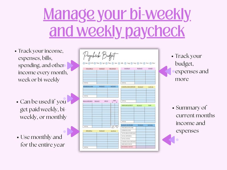 Puede incluir: Una hoja de planificaci&oacute;n presupuestaria Paycheck Budget con fondo violeta claro y texto en violeta Manage your bi-weekly and weekly paycheck. El documento incluye tablas para registrar ingresos, gastos y facturas con casillas de verificaci&oacute;n mensuales y secciones codificadas por colores.