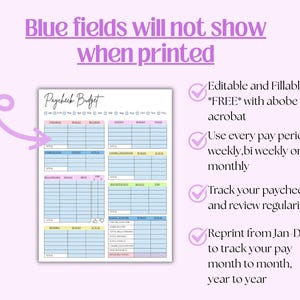 Puede incluir: Una hoja de planificaci&oacute;n presupuestaria Paycheck Budget con campos azules rellenables, encabezados rosas y amarillos, y una flecha morada se&ntilde;alando una tabla. El texto dice: Blue fields will not show when printed, Editable and Fillable.