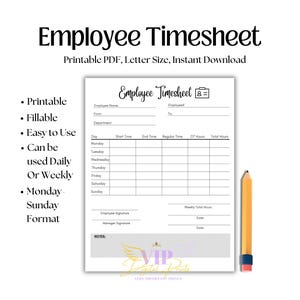 Planning hebdomadaire des employés, feuille de temps hebdomadaire imprimable, tenue de journal, suivi des horaires de travail, format lettre, PDF, téléchargement numérique