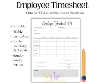 Programación semanal de empleados, hoja de horas semanal imprimible, registro de asistencia, rastreador de horarios de trabajo, tamaño carta, PDF, descarga digital