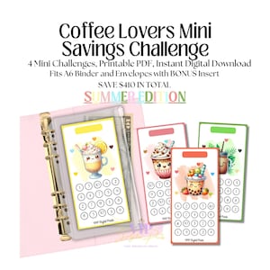 May include: Coffee Lovers Mini Savings Challenge printable PDF with 4 mini challenges. Includes an A6 binder with clear envelopes, featuring colorful illustrations of coffee drinks and boba tea with numbered circles for tracking savings goals.