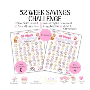 May include: A 52 Week Savings Challenge printable PDF set featuring two versions with pound and dollar currency symbols. The design includes pastel-colored circular icons, teddy bear and rabbit illustrations, a rainbow, and text fields for start and end dates. The layout is presented in A4 and letter sizes for digital download.