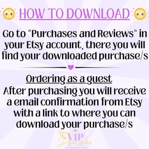 Puede incluir: Un gr&aacute;fico de instrucciones de color morado claro con el t&iacute;tulo HOW TO DOWNLOAD flanqueado por dos iconos de monedas de oro. El texto proporciona instrucciones para usuarios de Etsy e invitados para acceder a compras digitales, con un coraz&oacute;n morado.