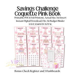 Savings Challenge Bundle, Coquette Pink Book A6 Printable Binder Inserts, Cash Stuffing, Budget Planner, Bookish Bundle,Digital Download,PDF