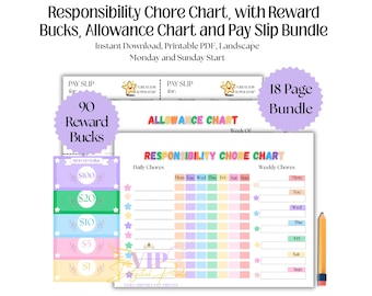 Tabla de responsabilidades y tareas para niños y adolescentes, tabla de asignaciones con recompensas, lista de limpieza familiar, PDF imprimible