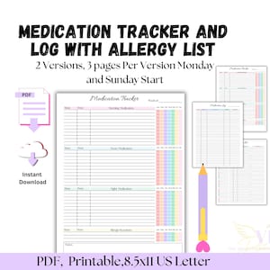 Daily Medication Tracker, Medication Log Printable, Allergy List, Medication Sheet, Medication List, For Care Giver and Nurses, PDF Bundle