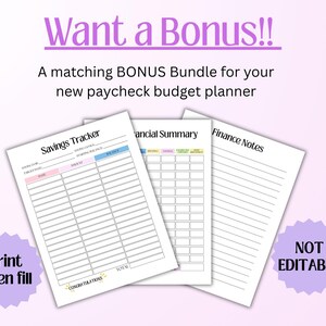 Puede incluir: Tres p&aacute;ginas de planificador de presupuesto imprimibles en blanco con texto y l&iacute;neas negras. Las hojas est&aacute;n etiquetadas como Savings Tracker, Financial Summary y Finance Notes. El texto incluye Want a Bonus, Print then fill y NOT EDITABLE.