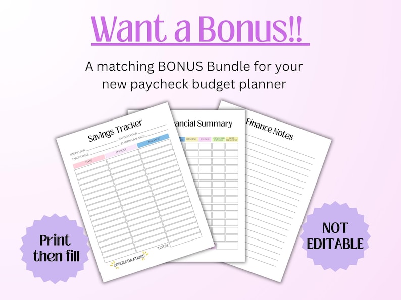 Puede incluir: Tres p&aacute;ginas de planificador de presupuesto imprimibles en blanco con texto y l&iacute;neas negras. Las hojas est&aacute;n etiquetadas como Savings Tracker, Financial Summary y Finance Notes. El texto incluye Want a Bonus, Print then fill y NOT EDITABLE.