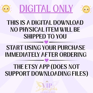 Puede incluir: Un gr&aacute;fico de color morado claro con un patr&oacute;n de rayos de sol que presenta el texto: DIGITAL ONLY, THIS IS A DIGITAL DOWNLOAD NO PHYSICAL ITEM WILL BE SHIPPED TO YOU, START USING YOUR PURCHASE IMMEDIATELY AFTER ORDERING, THE ETSY APP (DOES NOT SUPPORT DOWNLOADING FILES).