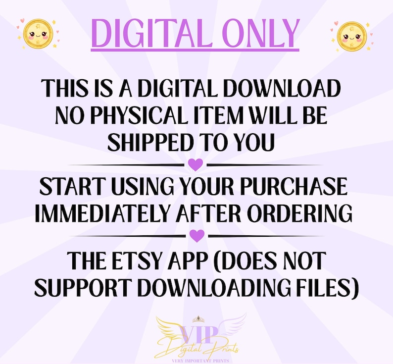 Puede incluir: Un gr&aacute;fico de color morado claro con un patr&oacute;n de rayos de sol que presenta el texto: DIGITAL ONLY, THIS IS A DIGITAL DOWNLOAD NO PHYSICAL ITEM WILL BE SHIPPED TO YOU, START USING YOUR PURCHASE IMMEDIATELY AFTER ORDERING, THE ETSY APP (DOES NOT SUPPORT DOWNLOADING FILES).