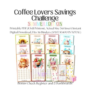 May include: A Coffee Lovers Savings Challenge Summer Edition digital download set featuring printable 8.5x11 inch sheets with 3x6 inch inserts for A6 binders. Includes various illustrated coffee-themed savings trackers with dollar amounts.