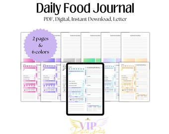 Diario de alimentación diario imprimible, diario de alimentos, registro de calorías, estado de ánimo y estrés, planificador de comidas, ingesta de agua, tamaño carta, descarga digital