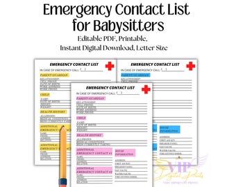 Lista de contactos de emergencia editable para niñeras, información infantil, información imprimible de niñeras, hoja de información del hogar, contacto parental, PDF rellenable.