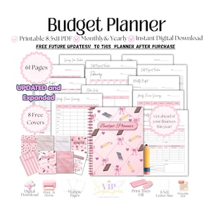 May include: A digital budget planner set featuring 61 pages, 8 covers, and printable 8.5x11 PDF files. The planner includes monthly and yearly finance summary sheets, debt trackers, and savings logs with a pink theme, bows, and pencil illustrations.