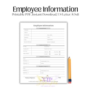 Könnte beinhalten: Ein druckbares Mitarbeiterinformationsformular mit Feldern für persönliche und Beschäftigungsdetails. Das Formular enthält Abschnitte für Kontaktinformationen, Notfallkontakte und Unterschriften. Rechts ist ein gelber Bleistift.