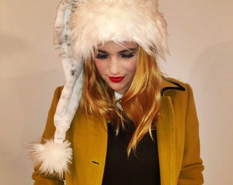 Long Snow Leopard Santa Hat - One Size Fits All!