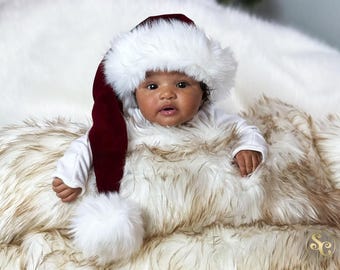Luxury Baby Santa Hat, Cherry Berry Dark Red Burgundy, Christmas, Newborns/Babies 0-12 Months, Buttery Soft Velvet with Arctic Fox Faux Fur