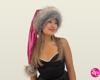 Luksusowa czapka Mikołaja Bubblegum Blitz, miękki różowy aksamit ze sztucznym futrem Glacier Wolf