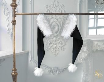 Czapka Mikołaja z filmu „Miasteczko Halloween”, autentyczna i tradycyjna, 89 cm długości! Rozmiary od S do XXL, luksusowa, miękka, czarna aksamitna z białym sztucznym futerkiem w kolorze Husky